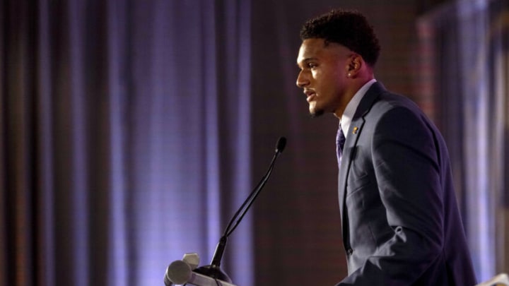 Jul 20, 2021; Hoover, Alabama, USA; Tennessee Volunteers defensive back Alontae Taylor talks with the media during SEC Media Days at Hyatt Regency Birmingham. Mandatory Credit: Vasha Hunt-USA TODAY Sports