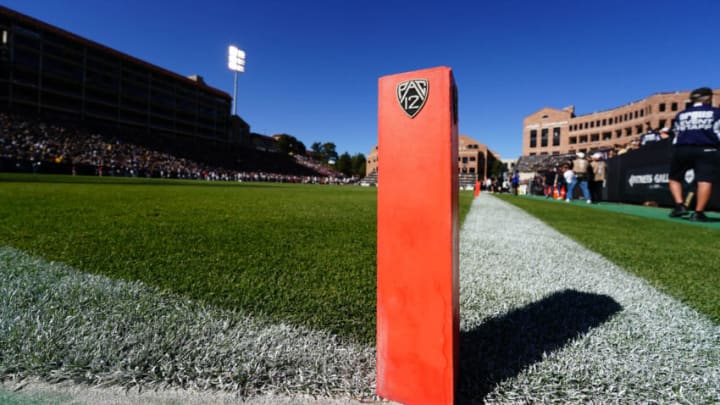 Oct 16, 2021; Boulder, Colorado, USA; General view of a PAC 12 end zone marker in Folsom Field during a game between the Arizona Wildcats against the Colorado Buffaloes. Mandatory Credit: Ron Chenoy-USA TODAY Sports