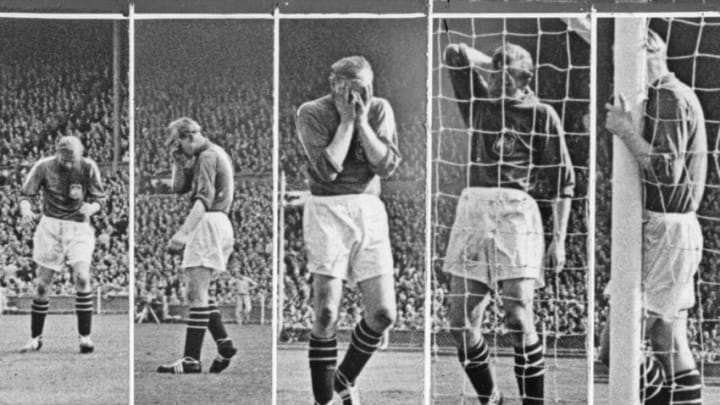 5th May 1956: Goal mouth action in the FA Cup Final at Wembley Stadium as Manchester City play Birmingham City. Manchester City went on to a 3-1 victory. Goalkeeper for Manchester City Bert Trautmann is devastated by Jackie Dyson's goal. (Photo by Express/Express/Getty Images)