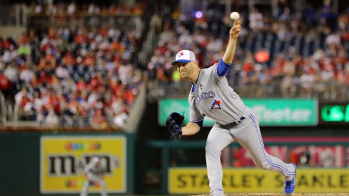WASHINGTON, D.C. - JULY 17: J.A. Happ #33 of the Toronto Blue Jays pitches during the the 89th MLB All-Star Game at Nationals Park on Tuesday, July 17, 2018 in Washington, D.C. (Photo by Alex Trautwig/MLB Photos via Getty Images)