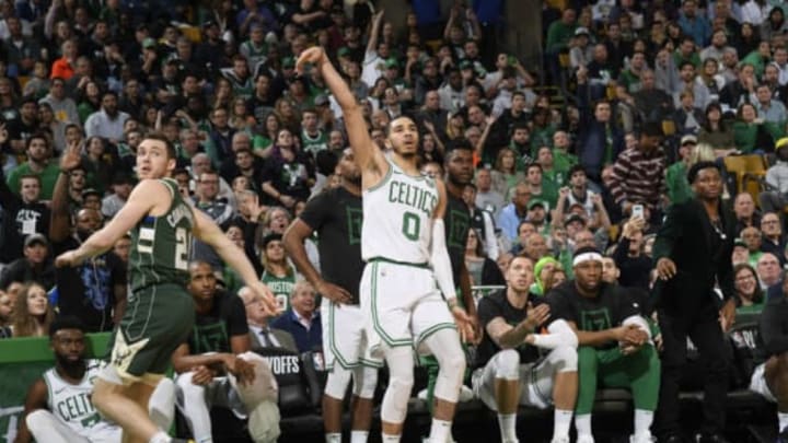 BOSTON, MA – MAY 6: Jayson Tatum #0 of the Boston Celtics shoots the ball against the Milwaukee Bucks during Game Four of the Eastern Conference Semifinals of the 2019 NBA Playoffs on May 6, 2019 at the TD Garden in Boston, Massachusetts. NOTE TO USER: User expressly acknowledges and agrees that, by downloading and/or using this photograph, user is consenting to the terms and conditions of the Getty Images License Agreement. Mandatory Copyright Notice: Copyright 2019 NBAE (Photo by Brian Babineau/NBAE via Getty Images)