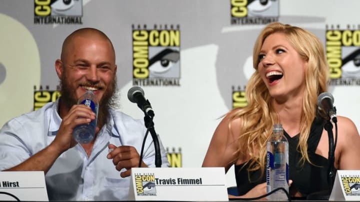 SAN DIEGO, CA - JULY 10: Actor Travis Fimmel (L) and actress Katheryn Winnick attend a panel for the History series 'Vikings' during Comic-Con International 2015 at the San Diego Convention Center on July 10, 2015 in San Diego, California. (Photo by Ethan Miller/Getty Images for A