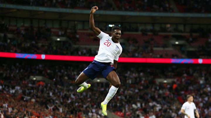 8th September 2018, Wembley Stadium, London, England; UEFA Nations League football, England versus Spain; Danny Welbeck of England shot celebrates after scoring his sides 2nd goal in extra time but was disallowed by the fifth official after a foul on Goalkeeper David de Gea of Spain (photo by John Patrick Fletcher/Action Plus via Getty Images)