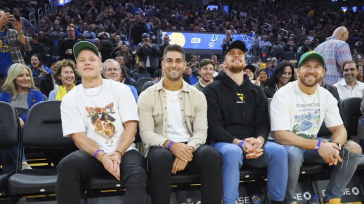 San Francisco 49ers players, left to right, running back Christian McCaffrey, quarterback Jimmy Garoppolo, tight end George Kittle and fullback Kyle Juszczyk Mandatory Credit: Kelley L Cox-USA TODAY Sports