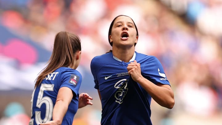 LONDON, ENGLAND – MAY 14: Sam Kerr of Chelsea celebrates after scoring the team’s first goal during the Vitality Women’s FA Cup Final between Chelsea FC and Manchester United at Wembley Stadium on May 14, 2023 in London, England. (Photo by Ryan Pierse/Getty Images)