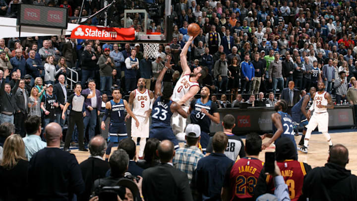 MINNEAPOLIS, MN - JANUARY 8: Kevin Love #0 of the Cleveland Cavaliers shoots the ball against the Minnesota Timberwolves on January 8, 2018 at Target Center in Minneapolis, Minnesota. NOTE TO USER: User expressly acknowledges and agrees that, by downloading and or using this Photograph, user is consenting to the terms and conditions of the Getty Images License Agreement. Mandatory Copyright Notice: Copyright 2018 NBAE (Photo by Jordan Johnson/NBAE via Getty Images)