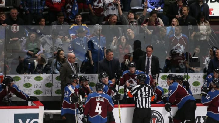 DENVER, CO - OCTOBER 19: Colorado Avalanche Head Coach Jared Bednar speaks with referee Brad Watson about a coaches challenge during the third period of a regular season game between the Colorado Avalanche and the visiting St. Louis Blues on October 19, 2017, at the Pepsi Center in Denver, CO. (Photo by Russell Lansford/Icon Sportswire via Getty Images)