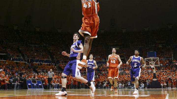 CHAMPAIGN, IL – FEBRUARY 23: Roger Powell Jr. #43 of the Illinois Fighting Illini goes up for a dunk during a game against the Northwestern Wildcats at Assembly Hall on February 23, 2005 in Champaign, Illinois. Illinois defeated Northwestern 84-48 during their run to the Final Four. (Photo by Joe Robbins/Getty Images)