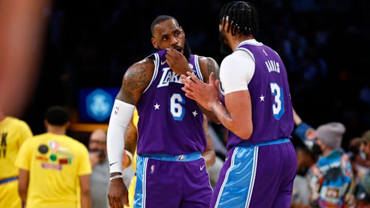 LOS ANGELES, CALIFORNIA - FEBRUARY 05: LeBron James #6 of the Los Angeles Lakers and Anthony Davis #3 of the Los Angeles Lakers in the third quarter at Crypto.com Arena on February 05, 2022 in Los Angeles, California. NOTE TO USER: User expressly acknowledges and agrees that, by downloading and/or using this Photograph, user is consenting to the terms and conditions of the Getty Images License Agreement. (Photo by Ronald Martinez/Getty Images) LOS ANGELES, CALIFORNIA - FEBRUARY 05: LeBron James #6 of the Los Angeles Lakers and Anthony Davis #3 of the Los Angeles Lakers in the third quarter at Crypto.com Arena on February 05, 2022 in Los Angeles, California. NOTE TO USER: User expressly acknowledges and agrees that, by downloading and/or using this Photograph, user is consenting to the terms and conditions of the Getty Images License Agreement. (Photo by Ronald Martinez/Getty Images)