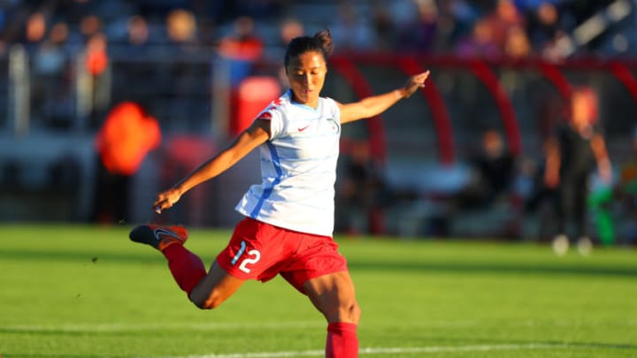 PISCATAWAY, NJ - JULY 07: Chicago Red Stars midfielder Yuki Nagasato (12) controls the ball during the first half of the National Womens Soccer League game between the Chicago Red Stars and Sky Blue FC on July 7, 2018 at Yurcak Field in Piscataway, NJ. (Photo by Rich Graessle/Icon Sportswire via Getty Images)