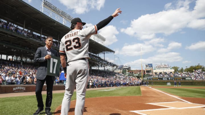 Sep 10, 2021; Chicago, Illinois, USA; San Francisco Giants third baseman Kris Bryant (23) waves to fans as he is introduced before a baseball game against the Chicago Cubs at Wrigley Field. Mandatory Credit: Kamil Krzaczynski-USA TODAY Sports