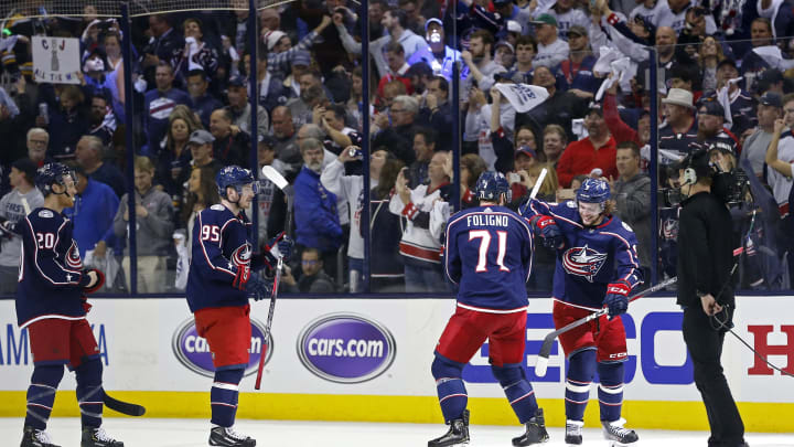 Apr 30, 2019; Columbus, OH, USA; Columbus Blue Jackets center Matt Duchene (95), left wing Nick Foligno (71), and left wing Artemi Panarin (9) celebrate after defeating the Boston Bruins in game three of the second round of the 2019 Stanley Cup Playoffs at Nationwide Arena. Mandatory Credit: Russell LaBounty-USA TODAY Sports