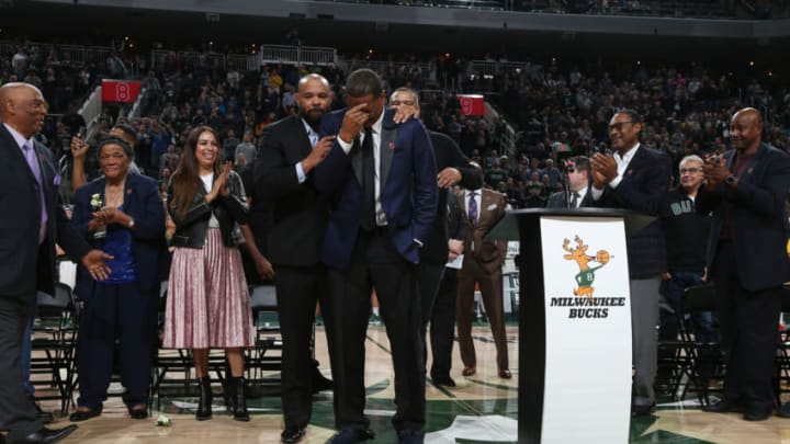 MILWAUKEE, WI - MARCH 24: Marques Johnson shows emotion during the jersey retirement ceremony during halftime of the game between the Cleveland Cavaliers and Milwaukee Bucks on March 24, 2019 at the Fiserv Forum Center in Milwaukee, Wisconsin. NOTE TO USER: User expressly acknowledges and agrees that, by downloading and or using this Photograph, user is consenting to the terms and conditions of the Getty Images License Agreement. Mandatory Copyright Notice: Copyright 2019 NBAE (Photo by Gary Dineen/NBAE via Getty Images).