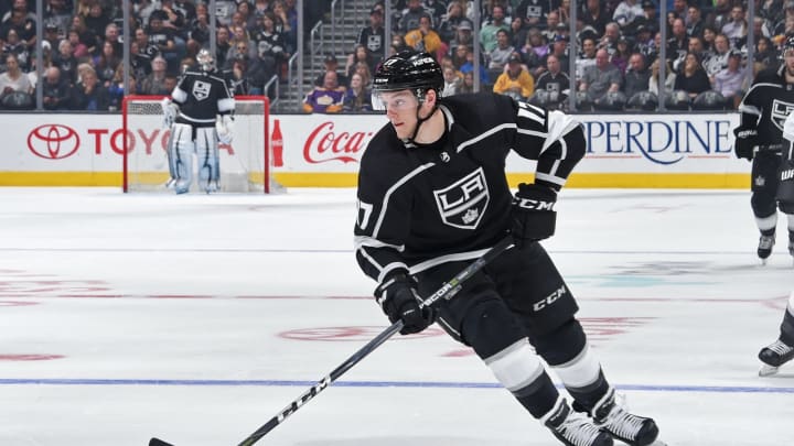 LOS ANGELES, CA – APRIL 7: Jonny Brodzinski #17 of the Los Angeles Kings handles the puck during a game against the Dallas Stars at STAPLES Center on April 7, 2018 in Los Angeles, California. (Photo by Adam Pantozzi/NHLI via Getty Images) *** Local Caption ***