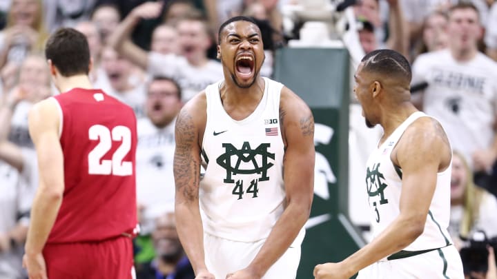 EAST LANSING, MI – FEBRUARY 26: Nick Ward #44 of the Michigan State Spartans celebrates during a game against the Wisconsin Badgers in the second half at the Breslin Center on February 26, 2017 in East Lansing, Michigan. (Photo by Rey Del Rio/Getty Images)