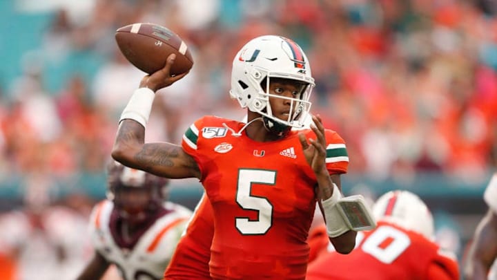 MIAMI, FLORIDA - OCTOBER 05: N'Kosi Perry #5 of the Miami Hurricanes throws a pass against the Virginia Tech Hokies during the second half at Hard Rock Stadium on October 05, 2019 in Miami, Florida. (Photo by Michael Reaves/Getty Images)
