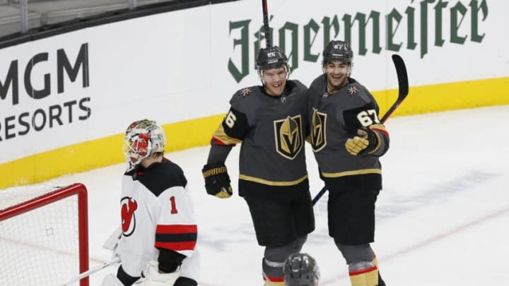 LAS VEGAS, NV - JANUARY 06: Vegas Golden Knights center Paul Stastny (26) and left wing Max Pacioretty (67) celebrate after scoring a goal during a regular season game between the New Jersey Devils and the Vegas Golden Knights Sunday, Jan. 6, 2019, at T-Mobile Arena in Las Vegas, NV. (Photo by Marc Sanchez/Icon Sportswire via Getty Images)