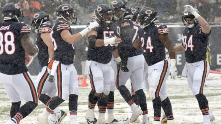 CHICAGO, IL - DECEMBER 24: The Chicago Bears celebrate after Jordan Howard #24 scored against the Cleveland Browns in the first quarter at Soldier Field on December 24, 2017 in Chicago, Illinois. (Photo by David Banks/Getty Images)