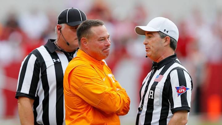 TUSCALOOSA, AL - OCTOBER 21: Head coach Butch Jones of the Tennessee Volunteers reacts to the officials during the game against the Alabama Crimson Tide at Bryant-Denny Stadium on October 21, 2017 in Tuscaloosa, Alabama. (Photo by Kevin C. Cox/Getty Images)