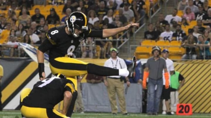 Sep 3, 2015; Pittsburgh, PA, USA; Pittsburgh Steelers kicker Josh Scobee (8) kicks a field goal held by punter Brad Wing (9) against the Carolina Panthers during the second half at Heinz Field. The Panthers won the game, 23-6. Mandatory Credit: Jason Bridge-USA TODAY Sports