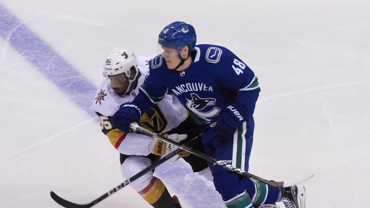 Vancouver Canucks’ Olli Juolevi battles with his opponent for positioning (Anne-Marie Sorvin-USA TODAY Sports)