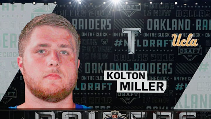 ARLINGTON, TX - APRIL 26: A video board displays an image of Kolton Miller of UCLA after he was picked