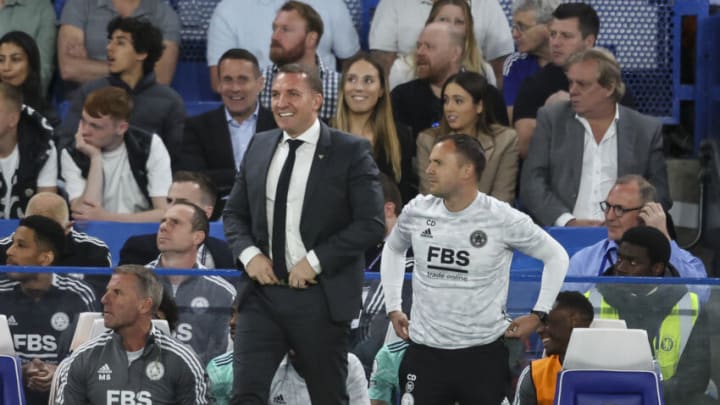 Head Coach Brendan Rodgers of Leicester City during the Premier League match against Chelsea at Stamford Bridge. (Photo by Robin Jones/Getty Images )