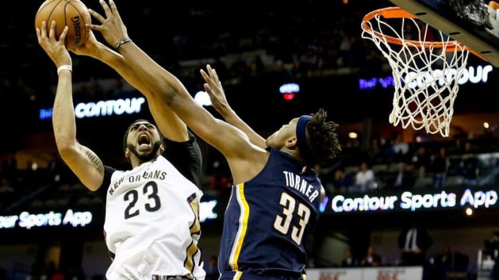 Dec 15, 2016; New Orleans, LA, USA; New Orleans Pelicans forward Anthony Davis (23) shoots over Indiana Pacers center Myles Turner (33) during the fourth quarter of a game at the Smoothie King Center. The Pelicans defeated the Pacers 102-95. Mandatory Credit: Derick E. Hingle-USA TODAY Sports