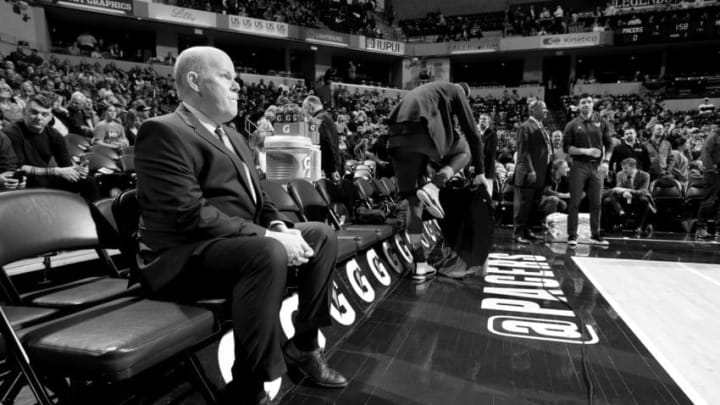 INDIANAPOLIS, IN - APRIL 10: Head Coach Steve Clifford of the Charlotte Hornets looks on during the game against the Indiana Pacers on April 10, 2018 at Bankers Life Fieldhouse in Indianapolis, Indiana. NOTE TO USER: User expressly acknowledges and agrees that, by downloading and or using this Photograph, user is consenting to the terms and conditions of the Getty Images License Agreement. Mandatory Copyright Notice: Copyright 2018 NBAE (Photo by Ron Hoskins/NBAE via Getty Images)