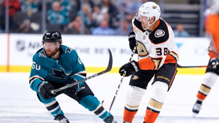 SAN JOSE, CA - SEPTEMBER 18: Anaheim Ducks right wing Anton Rodin (38) during the San Jose Sharks game versus the Anaheim Ducks on September 18, 2018, at SAP Center at San Jose in San Jose, CA. (Photo by Matt Cohen/Icon Sportswire via Getty Images)