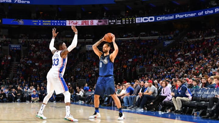 PHILADELPHIA,PA - FEBRUARY 24 : Evan Fournier #10 of the Orlando Magic looks to pass the ball against Philadelphia 76ers during game at the Wells Fargo Center on February 24, 2018 in Philadelphia, Pennsylvania NOTE TO USER: User expressly acknowledges and agrees that, by downloading and/or using this Photograph, user is consenting to the terms and conditions of the Getty Images License Agreement. Mandatory Copyright Notice: Copyright 2018 NBAE (Photo by Jesse D. Garrabrant/NBAE via Getty Images)