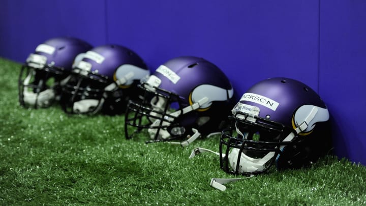 EDEN PRAIRIE, MN – MAY 3: Helmets belonging to the Minnesota Vikings are seen during a rookie minicamp on May 3, 2012 at Winter Park in Eden Prairie, Minnesota. (Photo by Hannah Foslien/Getty Images)