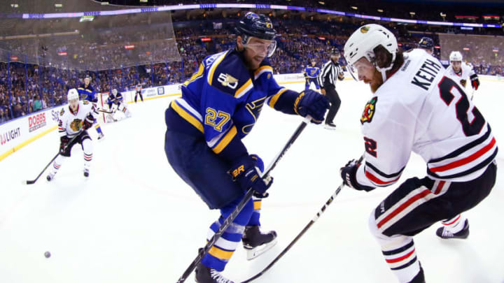 ST. LOUIS, MO - NOVEMBER 9: Duncan Keith #2 of the Chicago Blackhawks passes the puck against Alex Pietrangelo #27 of the St. Louis Blues at the Scottrade Center on November 9, 2016 in St. Louis, Missouri. (Photo by Dilip Vishwanat/Getty Images)