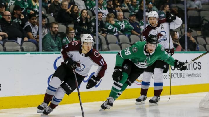 DALLAS, TX - SEPTEMBER 30: Colorado Avalanche center Tyson Jost (17) skates with the puck as Dallas Stars right wing Brett Ritchie (25) chases him during the game between the Dallas Stars and the Colorado Avalanche on September 30, 2018 at the American Airlines Center in Dallas, Texas. Colorado defeats Dallas 6-5. (Photo by Matthew Pearce/Icon Sportswire via Getty Images)