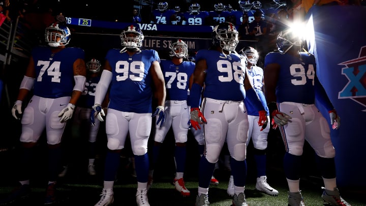 EAST RUTHERFORD, NJ – SEPTEMBER 18: (L-R) Ereck Flowers #74, Robert Thomas #99, Romeo Okwara #78, Damon Harrison #98, and Dalvin Tomlinson #94 of the New York Giants wait to take the field prior to their game against the Detroit Lions at MetLife Stadium on September 18, 2017 in East Rutherford, New Jersey. (Photo by Al Bello/Getty Images)