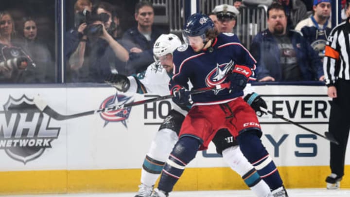COLUMBUS, OH – FEBRUARY 23: Artemi Panarin #9 of the Columbus Blue Jackets and Erik Karlsson #65 of the San Jose Sharks battle for position as they skate after a loose puck during the second period of a game on February 23, 2019 at Nationwide Arena in Columbus, Ohio. (Photo by Jamie Sabau/NHLI via Getty Images)