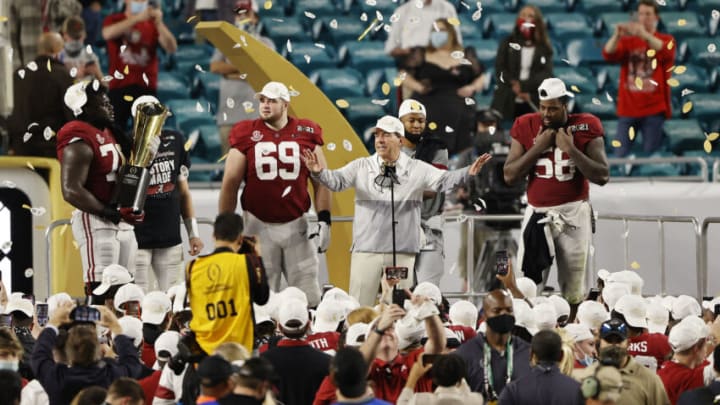 MIAMI GARDENS, FLORIDA - JANUARY 11: Head coach Nick Saban speaks after the Alabama Crimson Tide defeat the Ohio State Buckeyes 52-24 in the College Football Playoff National Championship game at Hard Rock Stadium on January 11, 2021 in Miami Gardens, Florida. (Photo by Sam Greenwood/Getty Images)