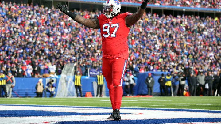 ORCHARD PARK, NEW YORK – DECEMBER 08: Jordan Phillips #97 of the Buffalo Bills pumps up the crowd during the first half against the Baltimore Ravens in the game at New Era Field on December 08, 2019 in Orchard Park, New York. (Photo by Bryan M. Bennett/Getty Images)