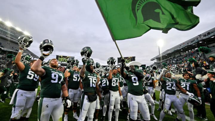 Nov 12, 2022; East Lansing, Michigan, USA; Michigan State Spartans celebrate their 27-21 win over the Rutgers Scarlet Knights at Spartan Stadium. Mandatory Credit: Dale Young-USA TODAY Sports