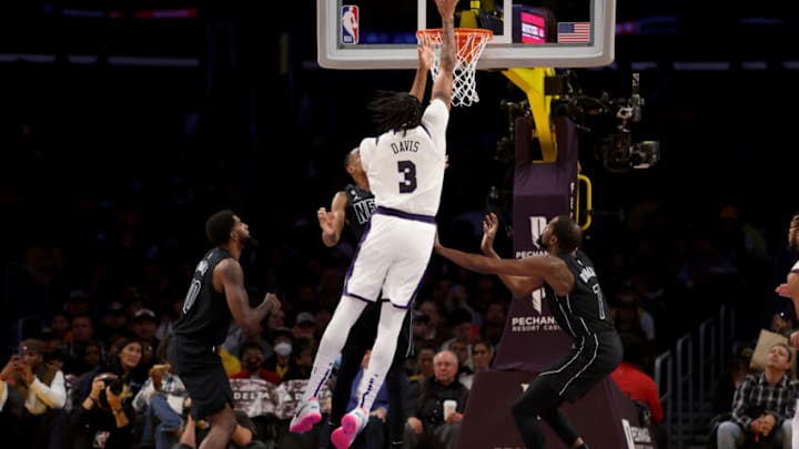 Nov 13, 2022; Los Angeles, California, USA; Los Angeles Lakers forward Anthony Davis (3) shoots during the first quarter against the Brooklyn Nets at Crypto.com Arena. Mandatory Credit: Kiyoshi Mio-USA TODAY Sports