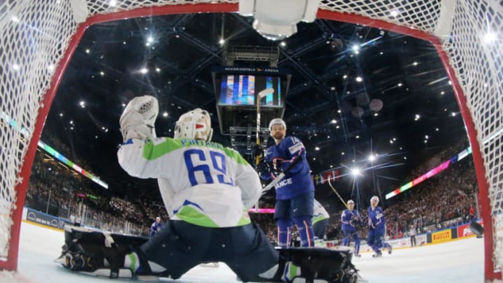 PARIS, FRANCE - MAY 15: Stephane Da Costa of France reacts after a goal during the 2017 IIHF Ice Hockey World Championship game between France and Slovenia at AccorHotels Arena on May 15, 2017 in Paris, France. (Photo by Xavier Laine/Getty Images)
