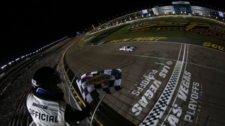 LAS VEGAS, NEVADA - SEPTEMBER 13: Austin Hill, driver of the #16 Gunma Toyopet Toyota, crosses the finish line to win the NASCAR Gander Outdoor Truck Series World of Westgate Las Vegas 200 at Las Vegas Motor Speedway on September 13, 2019 in Las Vegas, Nevada. (Photo by Jonathan Ferrey/Getty Images)