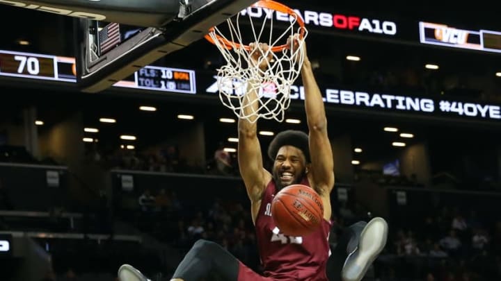 Mar 13, 2016; Brooklyn, NY, USA; Saint Joseph’s Hawks forward DeAndre Bembry (43) dunks during the second half against the Virginia Commonwealth Rams the championship of the Atlantic 10 conference tournament at Barclays Center. Saint Joseph’s Hawks won 87-74. Mandatory Credit: Anthony Gruppuso-USA TODAY Sports