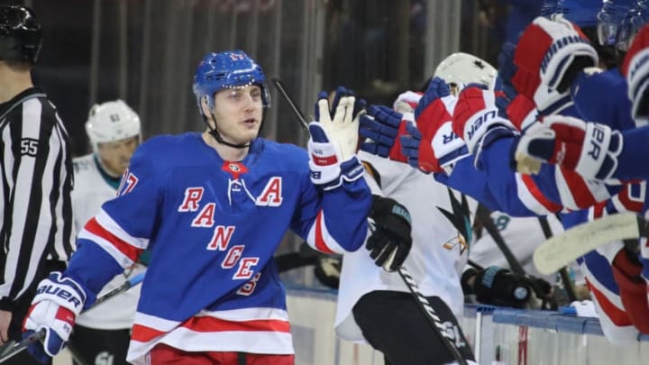 NEW YORK, NEW YORK - FEBRUARY 22: Jesper Fast #17 of the New York Rangers celebrates his goal at 9:35 of the first period against the San Jose Sharks at Madison Square Garden on February 22, 2020 in New York City. (Photo by Bruce Bennett/Getty Images)