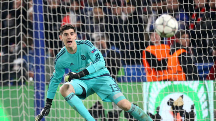 LONDON, ENGLAND - MARCH 9: Goalkeeper of Chelsea Thibaut Courtois in action during the UEFA Champions League round of 16 second leg match between Chelsea FC and Paris Saint-Germain at Stamford Bridge stadium on March 9, 2016 in London, England. (Photo by Jean Catuffe/Getty Images)