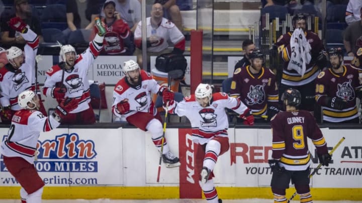 ROSEMONT, IL - JUNE 06: Charlotte Checkers center Nicolas Roy (15) celebrates an empty net goal in the third period during game four of the AHL Calder Cup Finals against the Chicago Wolves on June 6, 2019, at the Allstate Arena in Rosemont, IL. (Photo by Patrick Gorski/Icon Sportswire via Getty Images)