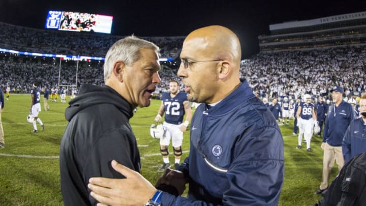 STATE COLLEGE, PA - NOVEMBER 05: Head coach Kirk Ferentz of the Iowa Hawkeyes shakes hands with Head coach James Franklin of the Penn State Nittany Lions after the game on November 5, 2016 at Beaver Stadium in State College, Pennsylvania. Penn State defeats Iowa 41-14. (Photo by Brett Carlsen/Getty Images)