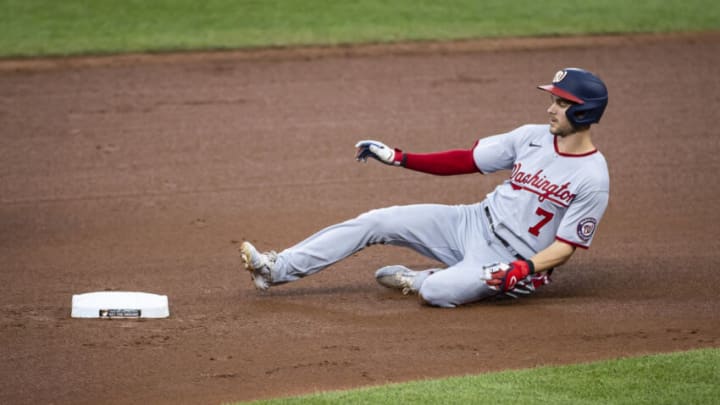 Jul 24, 2021; Baltimore, Maryland, USA; Washington Nationals shortstop Trea Turner (7) slides into second base during the game against the Baltimore Orioles at Oriole Park at Camden Yards. Mandatory Credit: Scott Taetsch-USA TODAY Sports