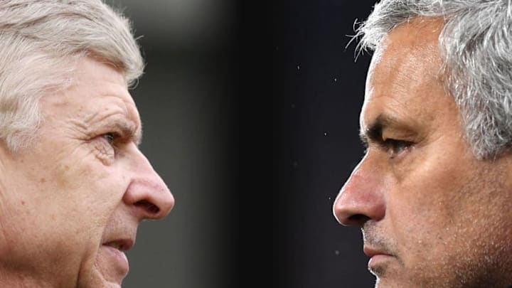 FILE PHOTO (EDITORS NOTE: GRADIENT ADDED - COMPOSITE OF TWO IMAGES - Image numbers (L) 927075322 and 919597400) In this composite image a comparison has been made between Arsene Wenger, Manager of Arsenal (L) and Jose Mourinho, Manager of Manchester United. Manchester United and Arsenal meet in a Premier League match on April 29, 2018 at Old Trafford in Manchester,England. ***LEFT IMAGE*** BRIGHTON, ENGLAND - MARCH 04: Arsene Wenger, Manager of Arsenal looks on during the Premier League match between Brighton and Hove Albion and Arsenal at Amex Stadium on March 4, 2018 in Brighton, England. (Photo by Catherine Ivill/Getty Images) ***RIGHT IMAGE*** HUDDERSFIELD, ENGLAND - FEBRUARY 17: Jose Mourinho, Manager of Manchester United looks on during the The Emirates FA Cup Fifth Round between Huddersfield Town v Manchester United on February 17, 2018 in Huddersfield, United Kingdom. (Photo by Gareth Copley/Getty Images)