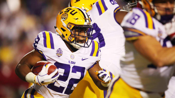 BATON ROUGE, LOUISIANA – NOVEMBER 03: Kristian Fulton #22 of the LSU Tigers carries the ball against the Alabama Crimson Tide in the first half of their game at Tiger Stadium on November 03, 2018 in Baton Rouge, Louisiana. (Photo by Gregory Shamus/Getty Images)